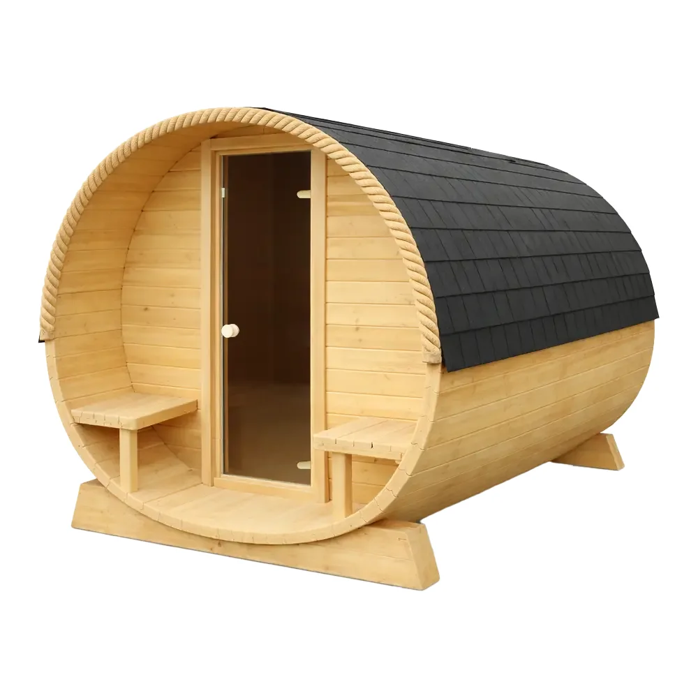 Fasssauna Bausatz Gartensauna Eterna 70-mm-Vollbauweise für Elektro-Saunaöfen Ø200cm für 2-4 Personen | MegaSauna